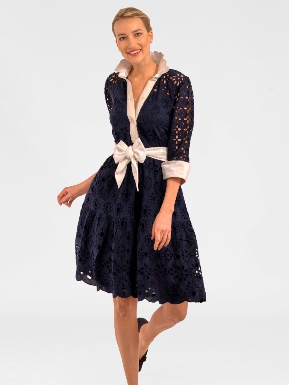 Gretchen Scott Little Bo Peep Eyelet Dress Navy Size XS NWT
